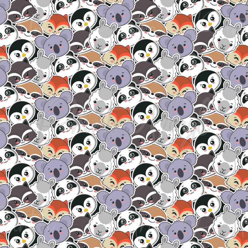 Furry Huddle patterned vinyl featuring adorable cartoon woodland and Australian animals including koalas, raccoons, penguins, foxes, sloths, and alpacas arranged in a playful sticker-style collage with soft pastel colours and cute outlined details.