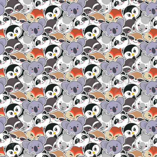 Furry Huddle patterned vinyl featuring adorable cartoon woodland and Australian animals including koalas, raccoons, penguins, foxes, sloths, and alpacas arranged in a playful sticker-style collage with soft pastel colours and cute outlined details.