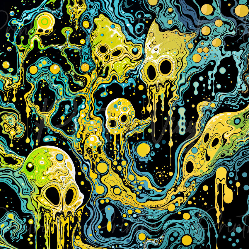 Galactic Ooze patterned vinyl featuring dripping alien skulls, swirling cosmic slime, and fluid abstract shapes in vibrant lime green, yellow, and turquoise tones on a deep black background.