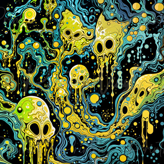 Galactic Ooze patterned vinyl featuring dripping alien skulls, swirling cosmic slime, and fluid abstract shapes in vibrant lime green, yellow, and turquoise tones on a deep black background.