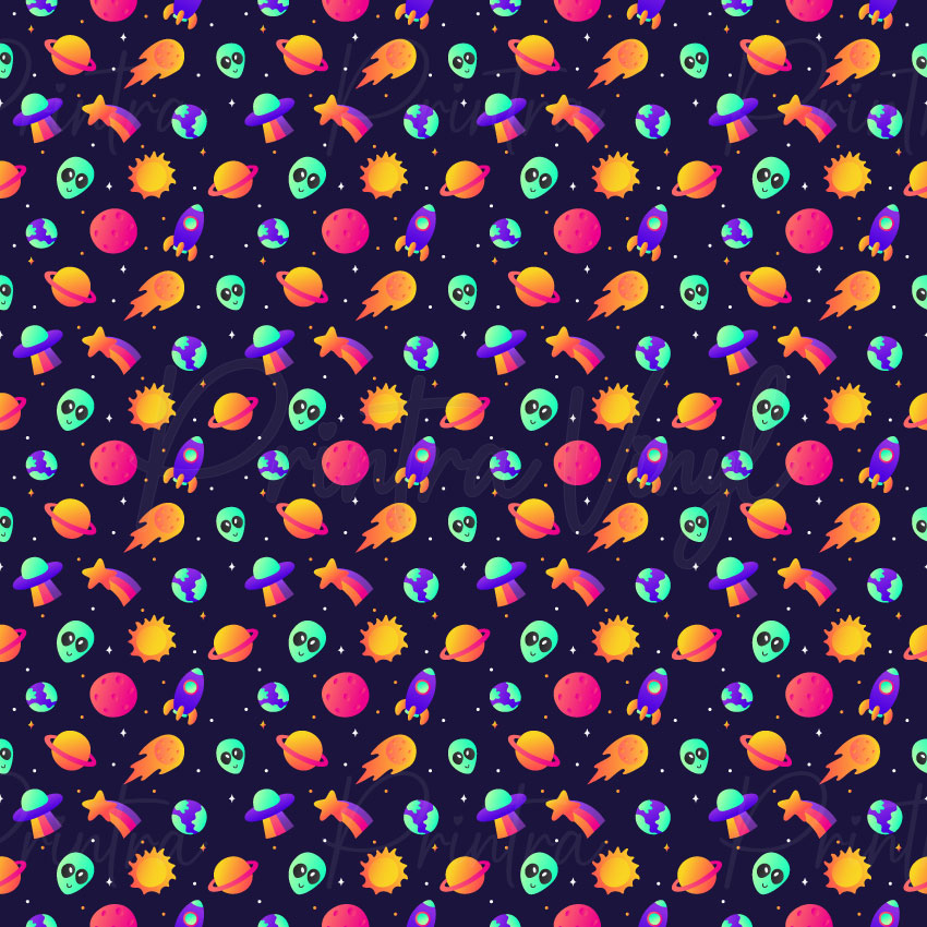 Galaxy Giggles patterned vinyl featuring colourful space-themed icons including planets, rockets, UFOs, aliens, comets, shooting stars, suns, and Earth illustrations scattered across a dark starry galaxy background.