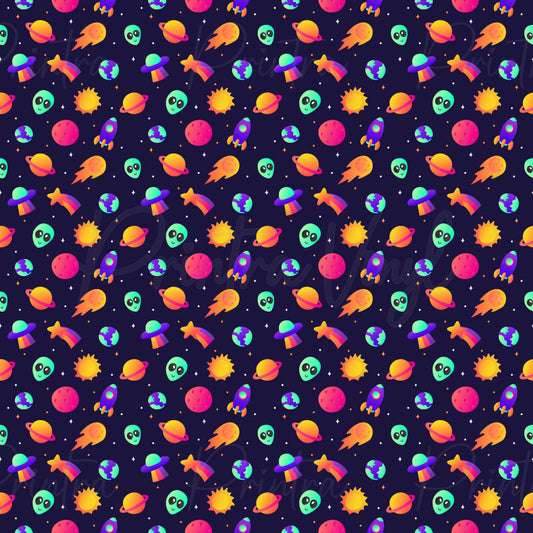 Galaxy Giggles patterned vinyl featuring colourful space-themed icons including planets, rockets, UFOs, aliens, comets, shooting stars, suns, and Earth illustrations scattered across a dark starry galaxy background.