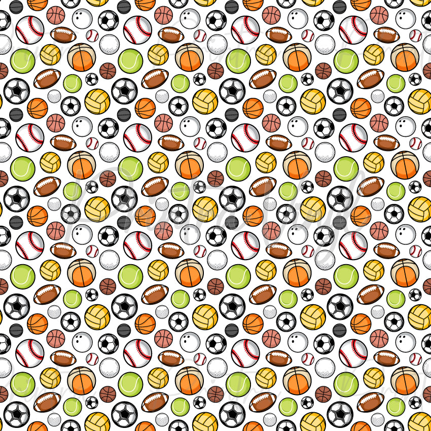 Game On! patterned vinyl featuring a playful mix of sports balls including AFL, soccer, basketball, tennis, baseball, volleyball, golf and bowling balls, scattered across a light grey background with bold cartoon-style outlines and vibrant sporting colours.