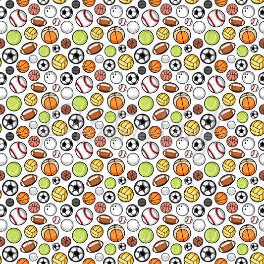 Game On! patterned vinyl featuring a playful mix of sports balls including AFL, soccer, basketball, tennis, baseball, volleyball, golf and bowling balls, scattered across a light grey background with bold cartoon-style outlines and vibrant sporting colours.