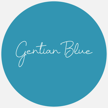 A round blue colour swatch with the text 'Gentian Blue' written in a cursive font, indicating the colour of the vinyl.