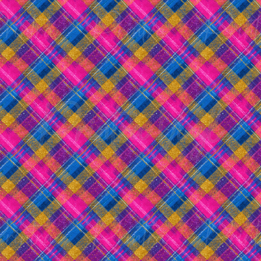 Glitzy Plaid patterned vinyl featuring vibrant pink, blue, purple, and gold tartan checks with sparkling glitter-inspired textures and bold layered plaid details.