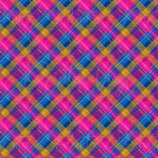 Glitzy Plaid patterned vinyl featuring vibrant pink, blue, purple, and gold tartan checks with sparkling glitter-inspired textures and bold layered plaid details.