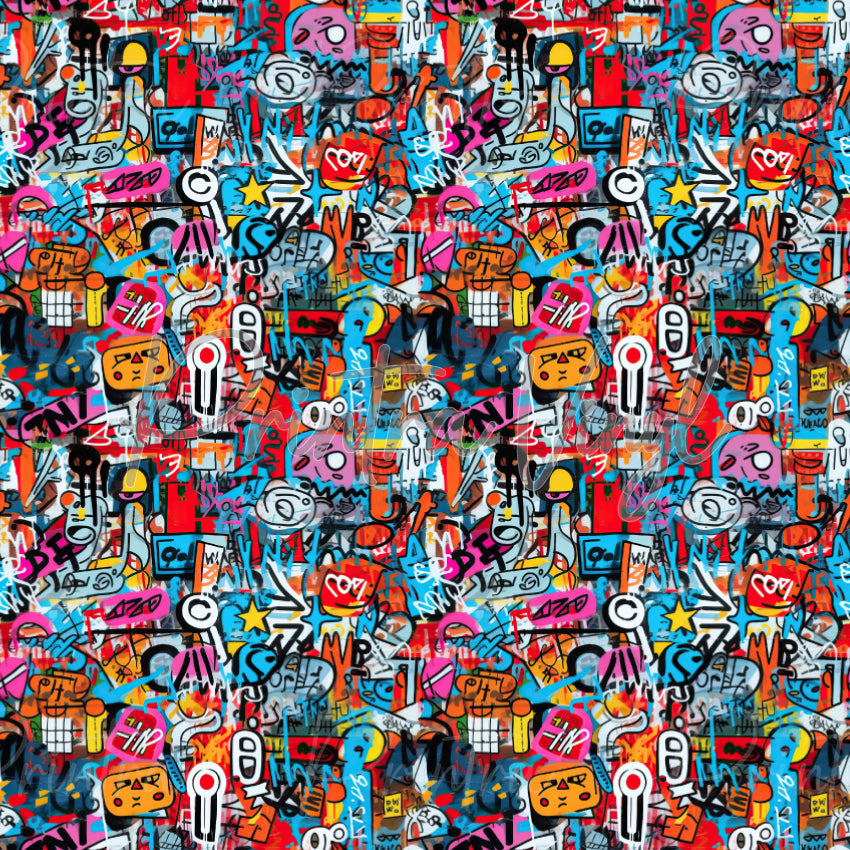 Graffiti Art #05 patterned vinyl featuring a vibrant street-art collage of cartoon characters, spray paint tags, doodles, stickers, stars, hearts, speech bubbles, and layered graffiti elements in bold red, blue, pink, orange, yellow, black, and white tones.