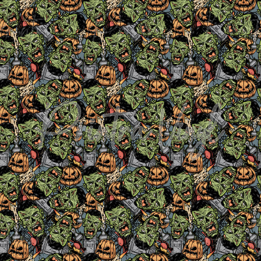 Graveyard Zombies patterned vinyl featuring a spooky collage of green zombie faces, carved jack-o'-lantern pumpkins, gravestones, bones, chains, and graveyard-inspired Halloween elements layered across a dark background for a bold horror-themed design.