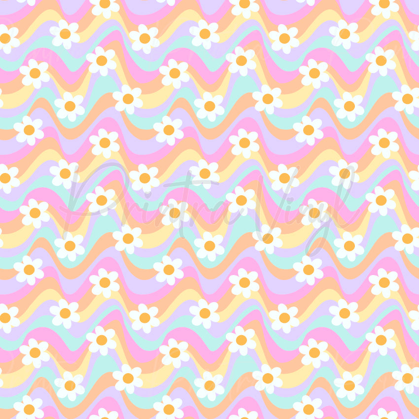 Groovy Daisies patterned vinyl featuring retro white daisy flowers scattered across flowing pastel rainbow waves in pink, peach, lavender, yellow, and mint green for a playful vintage-inspired design.