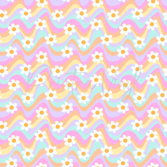 Groovy Daisies patterned vinyl featuring retro white daisy flowers scattered across flowing pastel rainbow waves in pink, peach, lavender, yellow, and mint green for a playful vintage-inspired design.