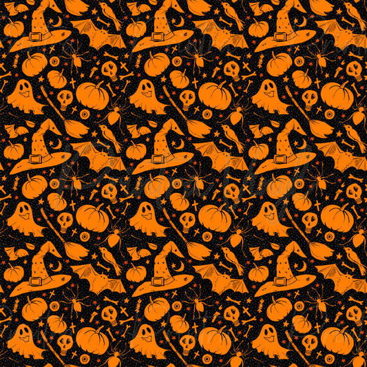 Halloween #01 patterned vinyl featuring classic Halloween icons including pumpkins, friendly ghosts, witch hats, bats, ravens, spiders, skulls, crescent moons, broomsticks, and scattered stars in bold orange and black for a timeless spooky-season design.