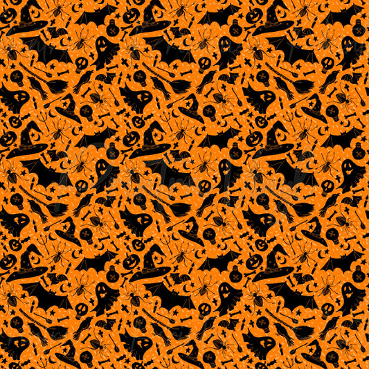 Halloween #02 patterned vinyl featuring classic Halloween icons including pumpkins, ghosts, witch hats, bats, ravens, spiders, skulls, broomsticks, crescent moons, bones, and stars in bold black silhouettes scattered across a vibrant orange background.