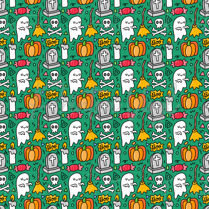 Halloween #03 patterned vinyl featuring playful Halloween doodles including friendly ghosts, pumpkins, gravestones, skulls, bones, candles, broomsticks, wrapped candies, and spooky "Boo" accents scattered across a vibrant teal background.