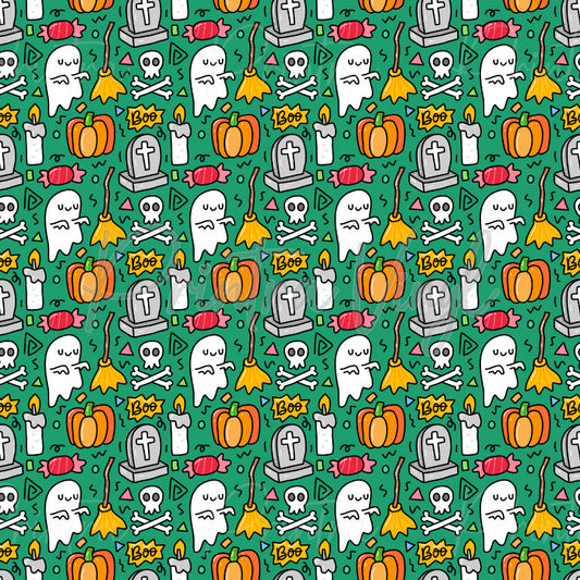 Halloween #03 patterned vinyl featuring playful Halloween doodles including friendly ghosts, pumpkins, gravestones, skulls, bones, candles, broomsticks, wrapped candies, and spooky "Boo" accents scattered across a vibrant teal background.