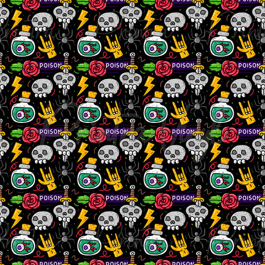Halloween #04 patterned vinyl featuring spooky Halloween icons including skulls, spiders, poison bottles, daggers, lightning bolts, red roses, skeletal hand signs, and gothic-inspired accents scattered across a bold black background.