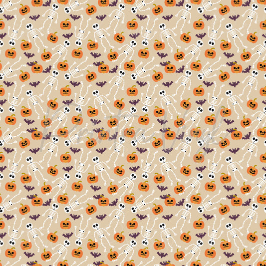 Halloween #05 patterned vinyl featuring playful Halloween skeletons, smiling jack-o'-lantern pumpkins, and flying bats scattered across a warm beige background, creating a fun and whimsical spooky-season design.