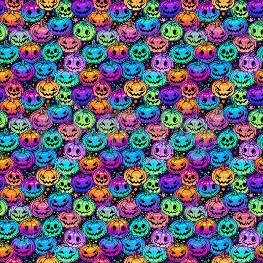 Halloween #06 patterned vinyl featuring vibrant rainbow-coloured jack-o'-lantern pumpkins with playful carved faces in neon shades of blue, green, purple, pink, orange, and yellow, layered across a dark star-speckled background for a bold and cheerful Halloween design.
