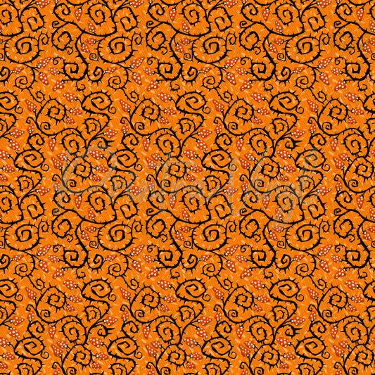 Halloween #07 patterned vinyl featuring whimsical black curling vines and twisted branches intertwined with tiny orange toadstool mushrooms on a textured pumpkin-orange background, creating a playful spooky-season design.