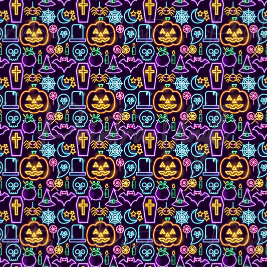 Halloween #08 patterned vinyl featuring neon-style Halloween icons including glowing jack-o'-lanterns, skulls, bats, spider webs, spiders, witch hats, coffins, potion bottles, candles, crescent moons, and candy motifs illuminated in vibrant orange, purple, blue, pink, and green on a dark background.