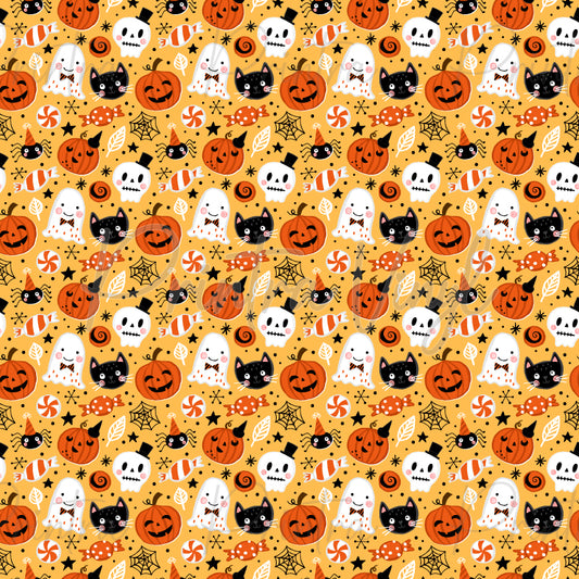 Halloween #09 patterned vinyl featuring adorable Halloween characters including smiling ghosts, black cats, jack-o'-lantern pumpkins, skulls, spiders, spider webs, wrapped sweets, peppermint candies, and whimsical spooky accents scattered across a warm golden-orange background.