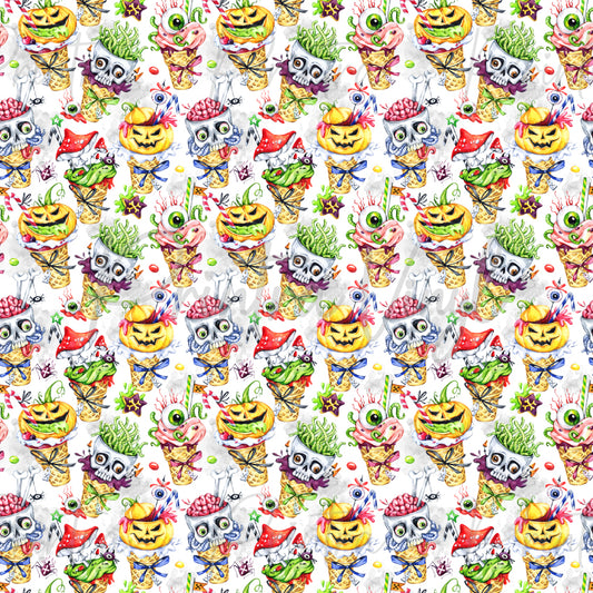 Halloween #10 patterned vinyl featuring whimsical Halloween ice cream cones topped with spooky treats including jack-o'-lantern pumpkins, skulls, eyeballs, brains, frogs, mushrooms, worms, tentacles, and colourful monster-inspired toppings in a vibrant watercolour style.