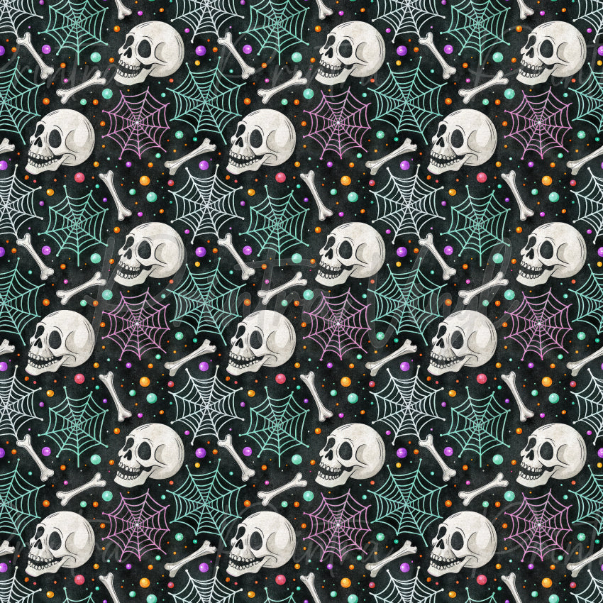 Halloween #11 patterned vinyl featuring vintage-style skulls, crossed bones, colourful spider webs, and scattered candy-like dots on a dark textured background, creating a playful and spooky Halloween design.
