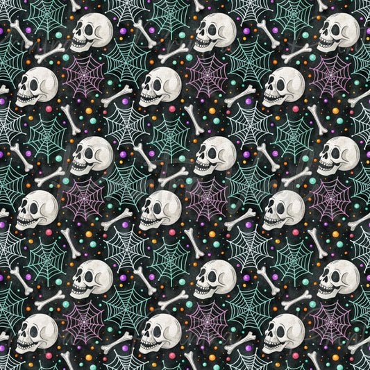 Halloween #11 patterned vinyl featuring vintage-style skulls, crossed bones, colourful spider webs, and scattered candy-like dots on a dark textured background, creating a playful and spooky Halloween design.