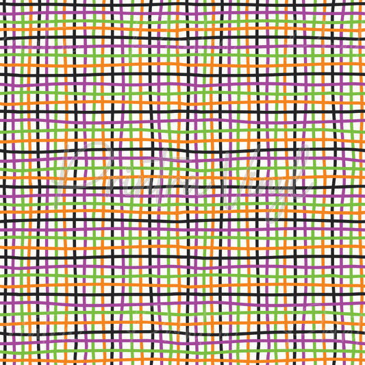 Halloween Essentials #03 patterned vinyl featuring a colourful Halloween plaid design with hand-drawn intersecting lines in orange, purple, lime green, and black on a crisp white background, creating a playful seasonal look.