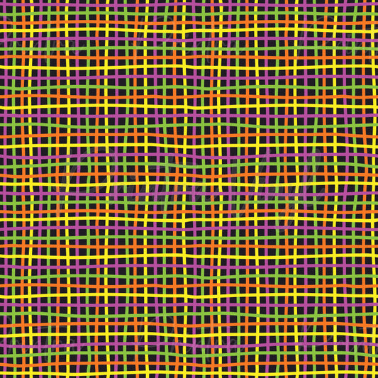 Halloween Essentials #04 patterned vinyl featuring a vibrant Halloween plaid design with hand-drawn intersecting lines in orange, purple, lime green, and bright yellow layered over a black background for a bold spooky-season look.