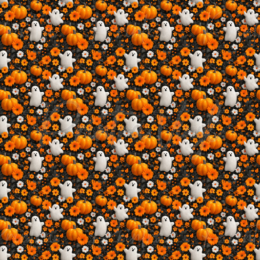 Haunted Harvest #01 patterned vinyl featuring adorable white ghosts, bright orange pumpkins, and scattered autumn flowers layered over dark foliage for a charming Halloween-inspired design.