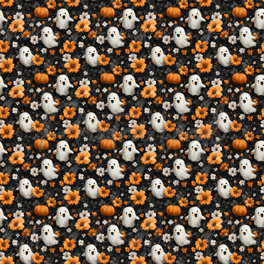 Haunted Harvest #02 patterned vinyl featuring adorable white ghost characters, bright orange pumpkins, and blooming autumn flowers layered over dark foliage for a sweet and spooky Halloween-inspired design.