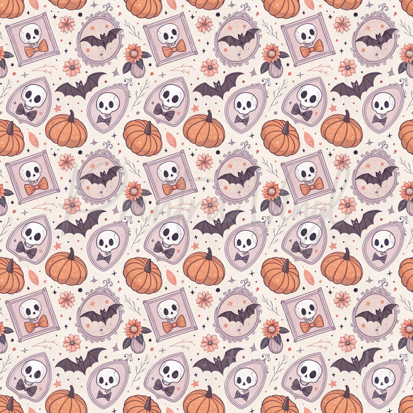 Haunted Memories patterned vinyl featuring vintage-style skeleton portraits in ornate frames, bats, pumpkins, autumn flowers, and delicate spooky details in soft blush, peach, cream, and mauve tones.