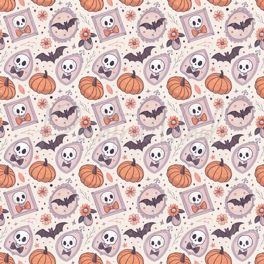 Haunted Memories patterned vinyl featuring vintage-style skeleton portraits in ornate frames, bats, pumpkins, autumn flowers, and delicate spooky details in soft blush, peach, cream, and mauve tones.