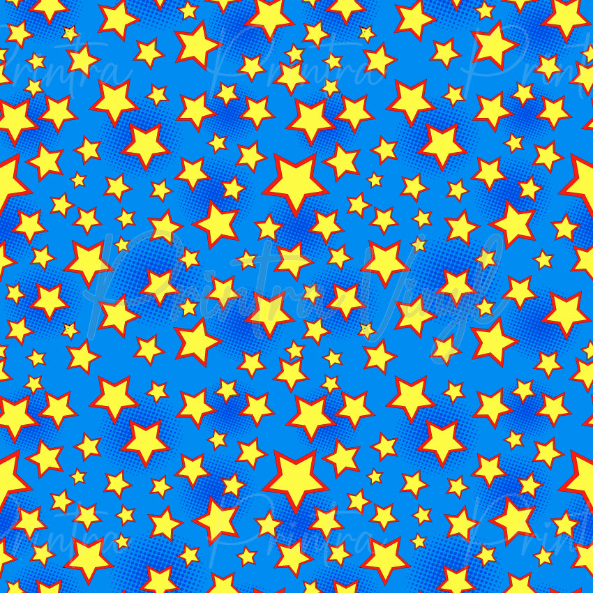 Hero Stars patterned vinyl featuring bright yellow comic-book stars outlined in red, scattered across a vibrant blue background with subtle halftone dot textures for a bold superhero-inspired design.