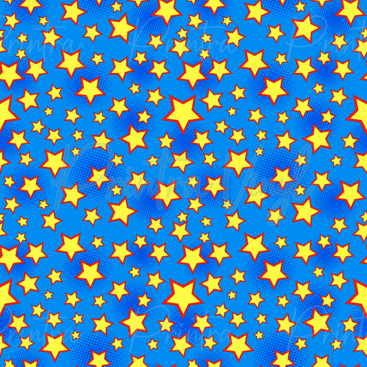 Hero Stars patterned vinyl featuring bright yellow comic-book stars outlined in red, scattered across a vibrant blue background with subtle halftone dot textures for a bold superhero-inspired design.
