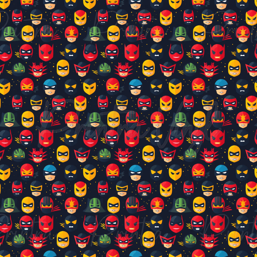 Heroverse patterned vinyl featuring a colourful collection of superhero-inspired masks, helmets, and comic-style hero faces in bold red, yellow, blue, green, and black tones scattered across a dark star-speckled background.