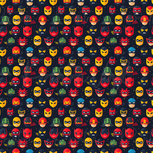 Heroverse patterned vinyl featuring a colourful collection of superhero-inspired masks, helmets, and comic-style hero faces in bold red, yellow, blue, green, and black tones scattered across a dark star-speckled background.
