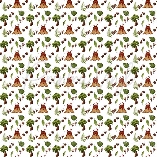 Jurassic Jungle patterned vinyl featuring prehistoric volcanoes, dinosaur footprints, tropical palm trees, jungle leaves, and fossil-inspired accents scattered across a clean white background.