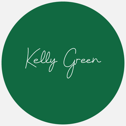 round swatch of colour with Kelly Green text in the middle indicating the colour name of gloss adhesive vinyl.