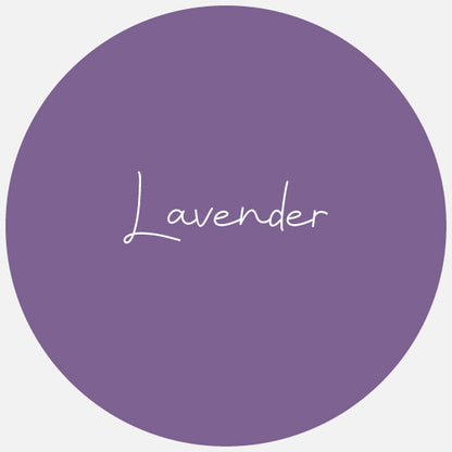 Circular label with the word 'Lavender' written in a script typeface on a purple background.