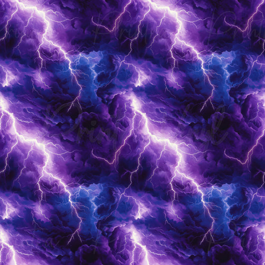 A seamless pattern featuring dramatic purple and blue storm clouds illuminated by bright white lightning strikes.