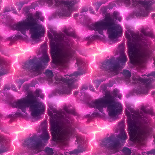 A seamless pattern featuring vibrant pink and purple lightning bolts striking through dramatic storm clouds.