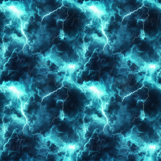 A seamless pattern featuring vibrant blue and cyan lightning bolts striking through dark, dramatic storm clouds.