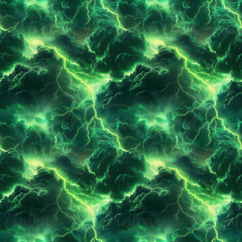 A seamless pattern featuring dark green storm clouds illuminated by bright neon green lightning bolts.
