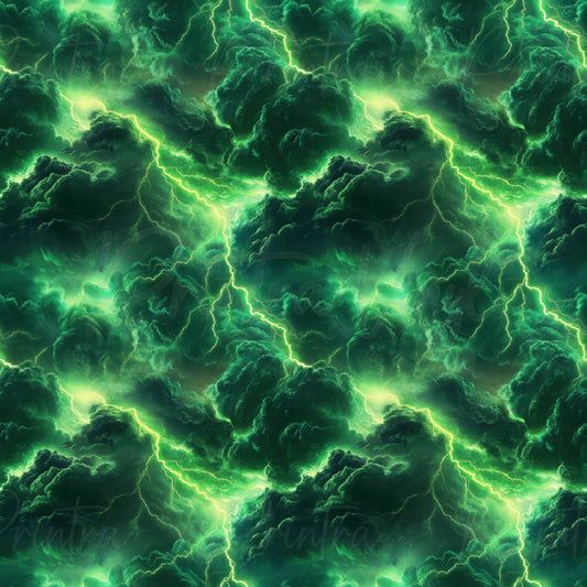 A seamless pattern featuring dark green storm clouds illuminated by bright neon green lightning bolts.