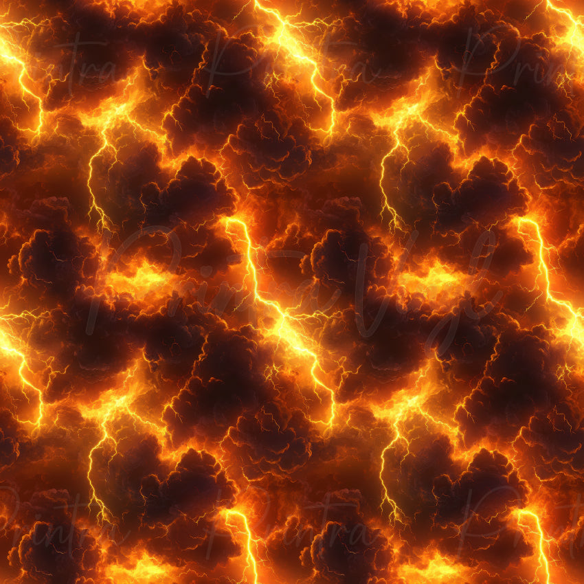 A seamless pattern featuring dramatic dark clouds illuminated by bright yellow and orange lightning strikes.