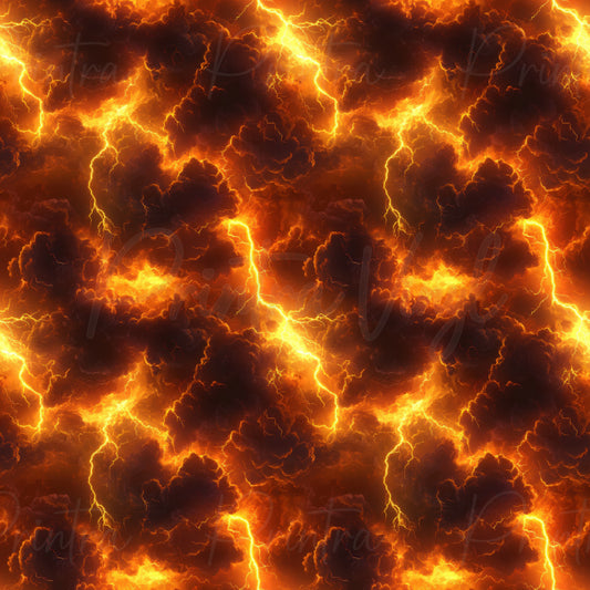 A seamless pattern featuring dramatic dark clouds illuminated by bright yellow and orange lightning strikes.