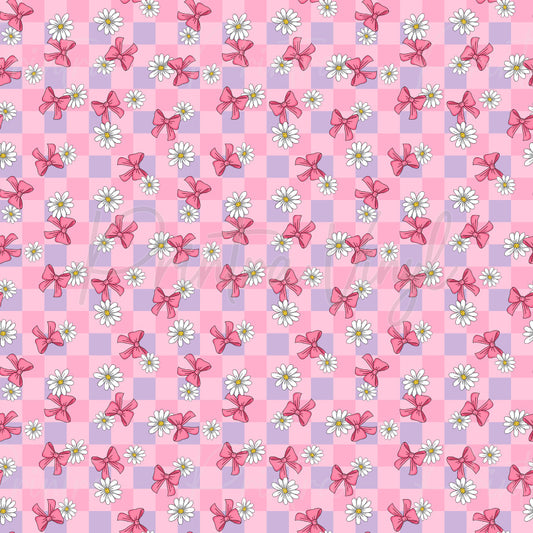 Little Bow Bliss patterned vinyl featuring sweet pink ribbon bows and white daisy flowers scattered across a pastel pink and lavender checkerboard background, creating a charming coquette-inspired design.