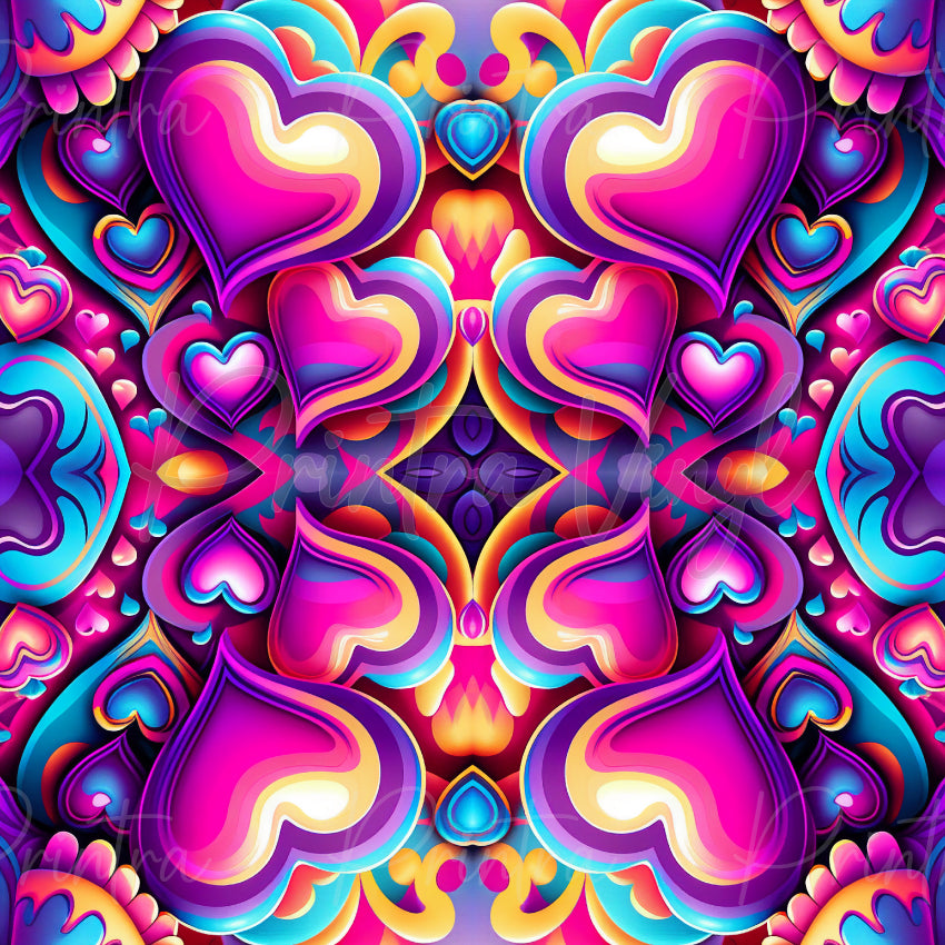 Love Art patterned vinyl featuring layered hearts in vibrant shades of hot pink, magenta, purple, aqua, turquoise and golden yellow, arranged in a symmetrical psychedelic design with flowing retro-inspired shapes and bold neon gradients.